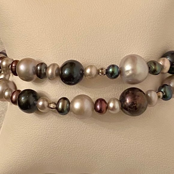 Rich Multi-colored Two-strand Pearl Stretch Bracelet, 6"-9" - Picture 4 of 11